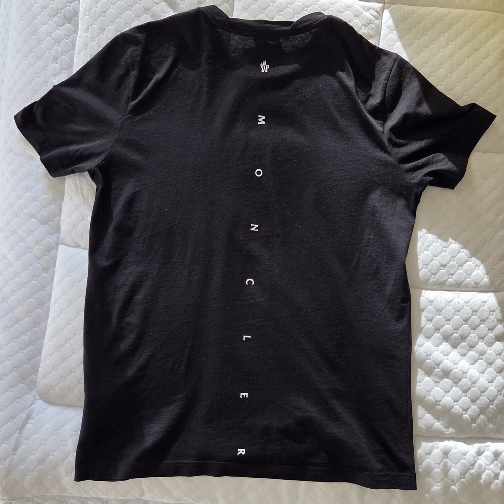Moncler Short Sleeve Tee in Black with Vertical White Text